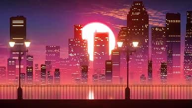 3D动画夕阳下的城市街道循环视频背景视频的预览图